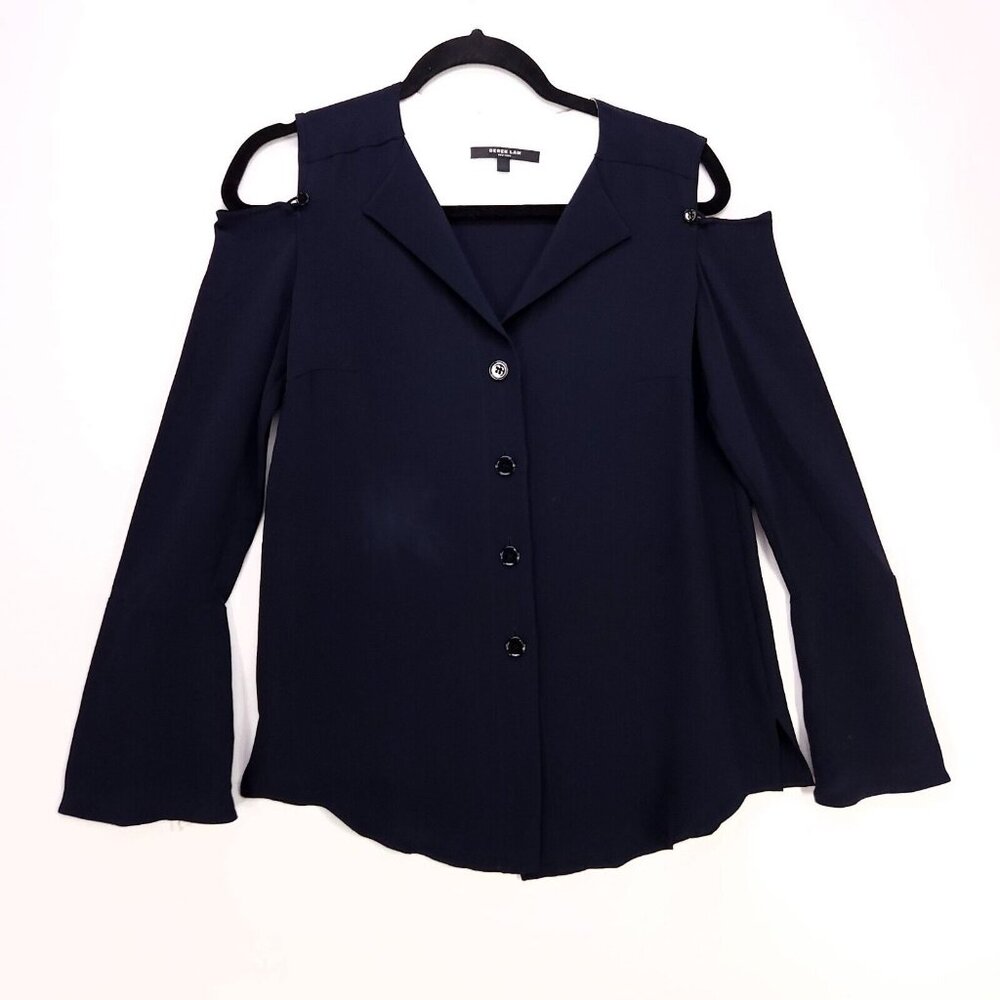 Derek Lam 100% Silk Blouse Buttoned Cold Shoulder Bell Tied Long Sleeve Size 2